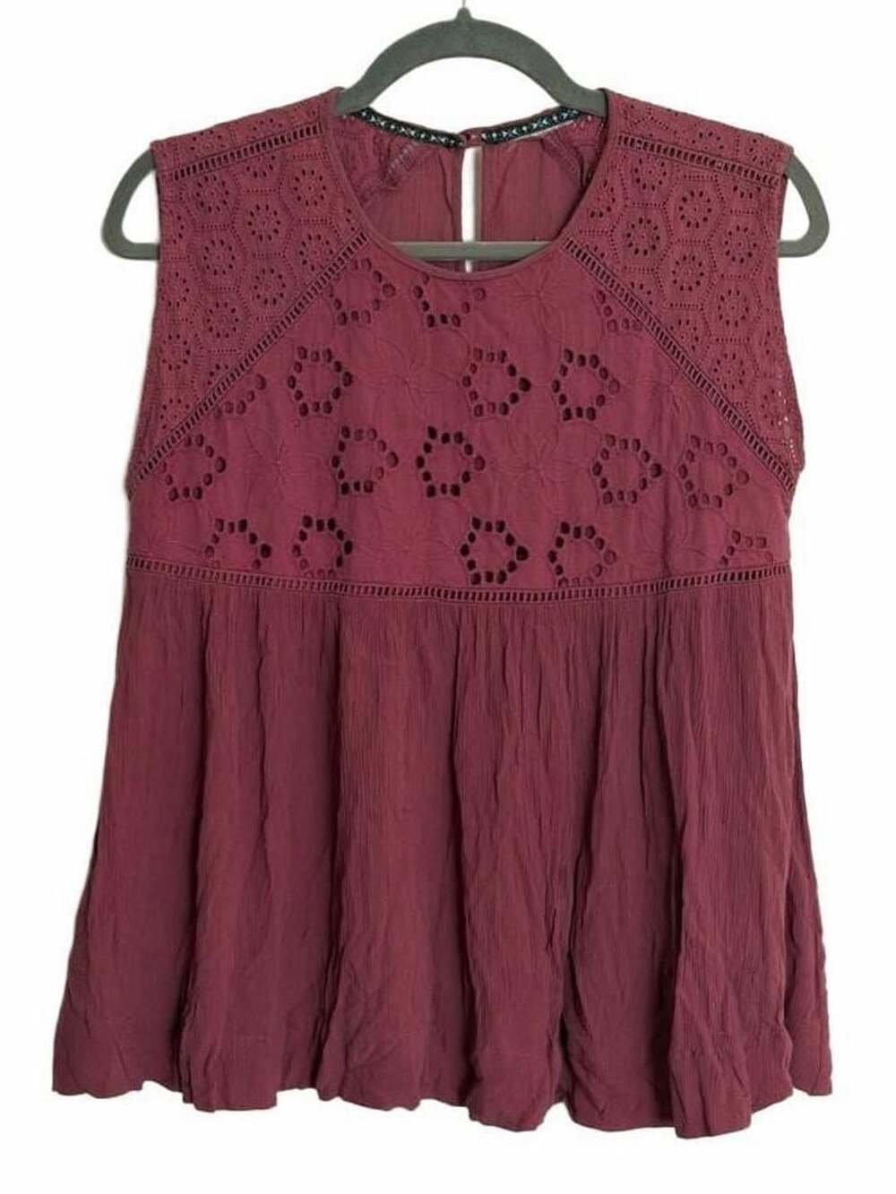 Knox Rose Women Maroon Boho Eyelet Embroidered Sleeveless Babydoll Top